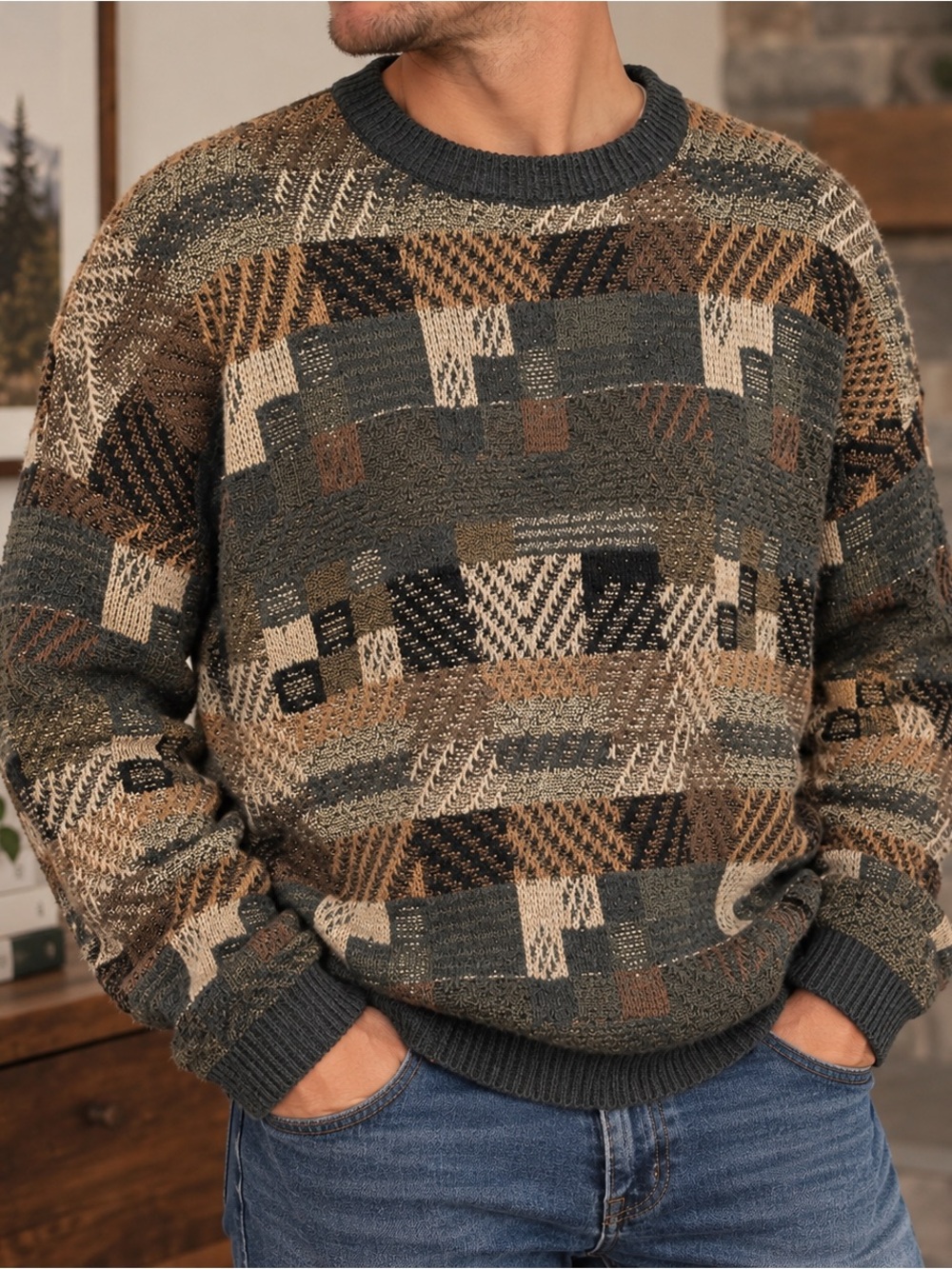 Large | Jantzen | Earth Tone Geometric Sweater Vintage 90s Grandpa Knit